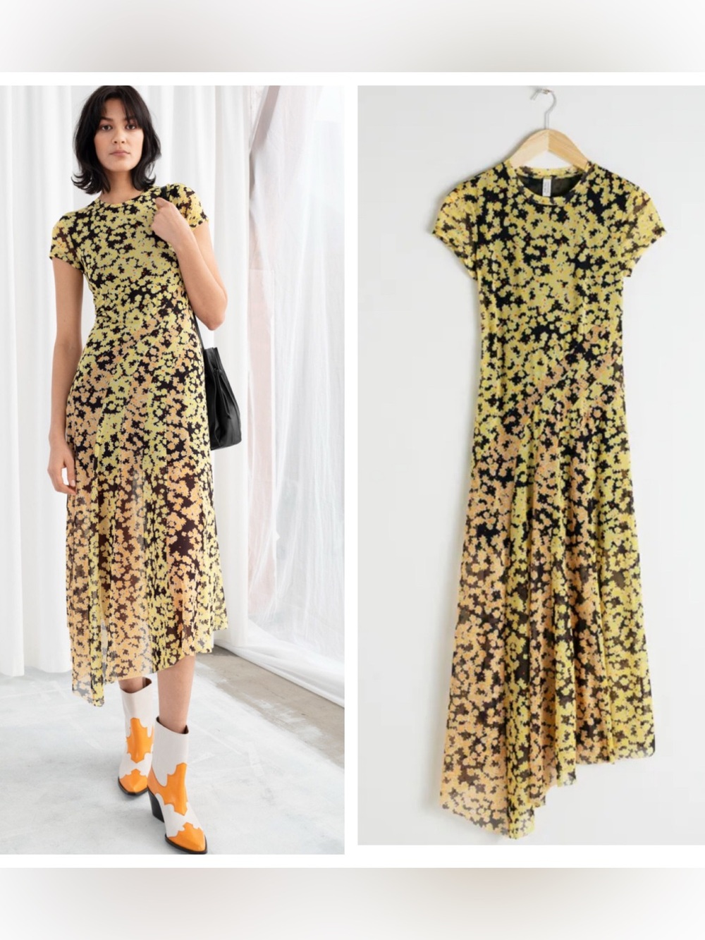 & Other Stories stretch mesh yellow floral midi maxi assymetrical dress sz 10